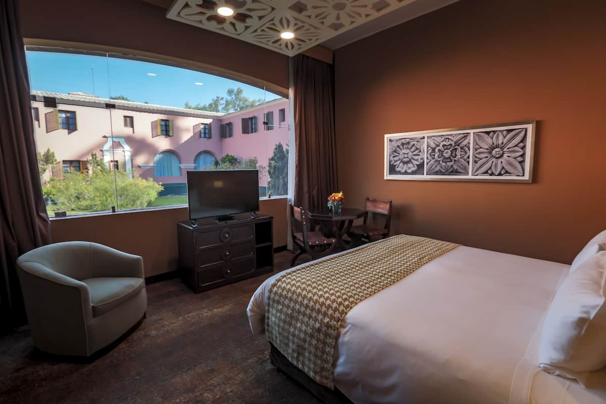 Une chambre d’hôtel avec un lit, un téléviseur posé sur une commode, une chaise, une table avec des fleurs et une fenêtre donnant sur des immeubles.