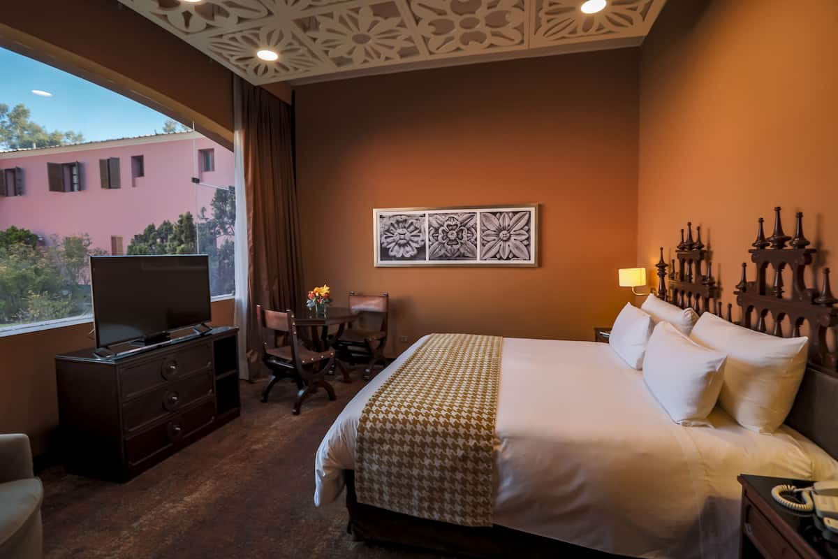 Une chambre d’hôtel avec un grand lit, une télévision, un bureau avec une chaise et une fenêtre donnant sur des immeubles.