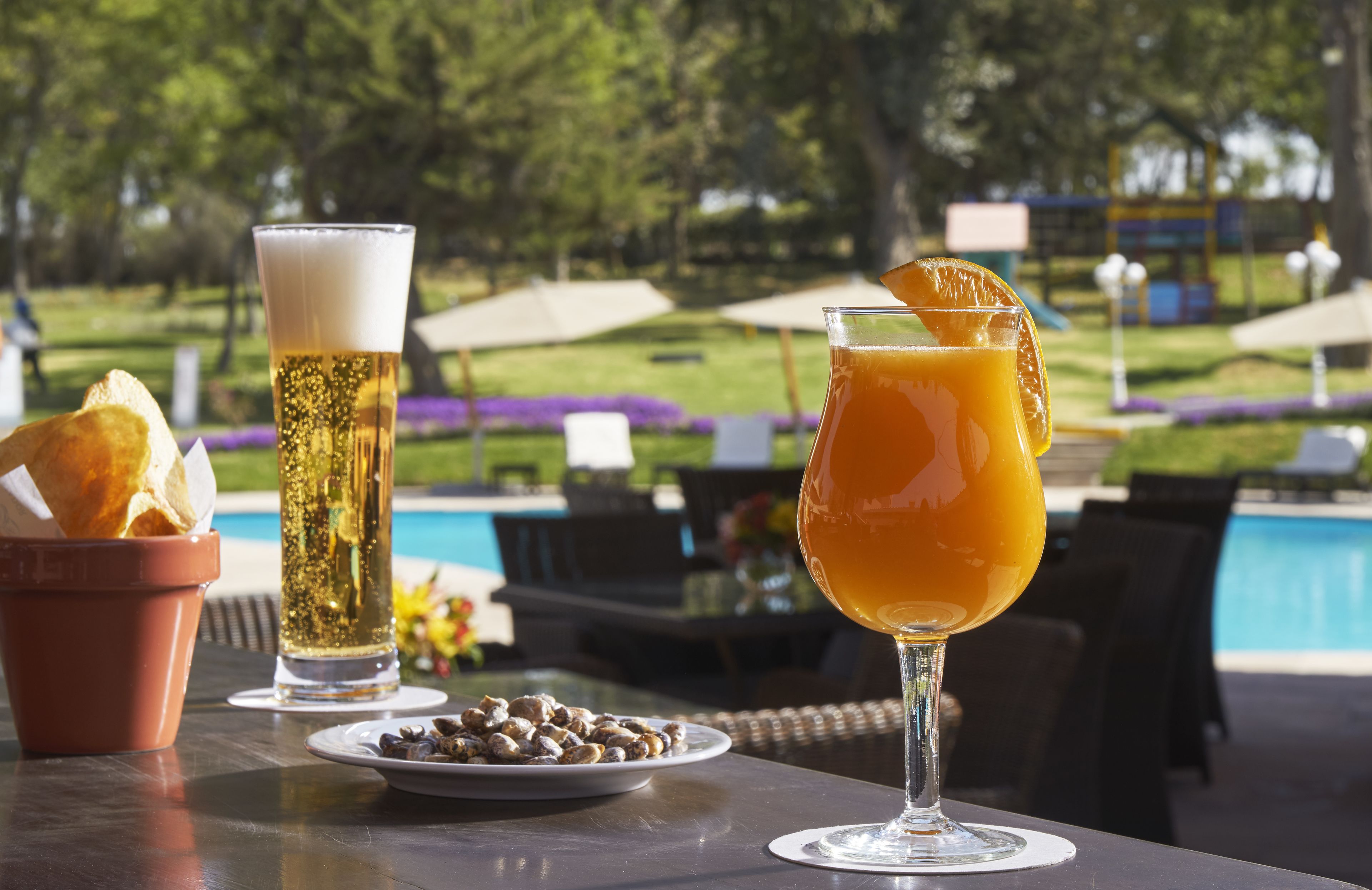 A table with a glass of beer, a glass of orange juice, and a plate of nuts.