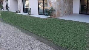 Een modern gebouw met een plat dak, grote ramen en een verzorgd gazon.