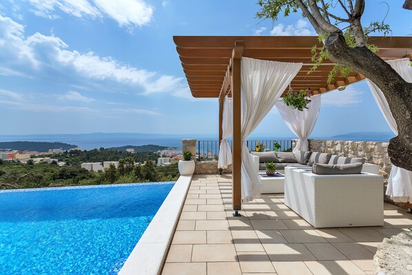 Outdoor pool, a heated pool, pool loungers