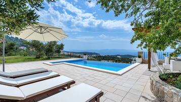 Outdoor pool, a heated pool, pool loungers