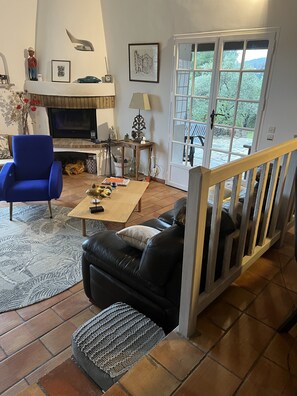 Televisie, een open haard, een dvd-speler en boeken