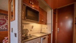 A compact kitchen with a Bosch dishwasher, a microwave, and a sink. - Cozy studio 80m from lifts and 100m from shops in Valmorel (Valmorel)