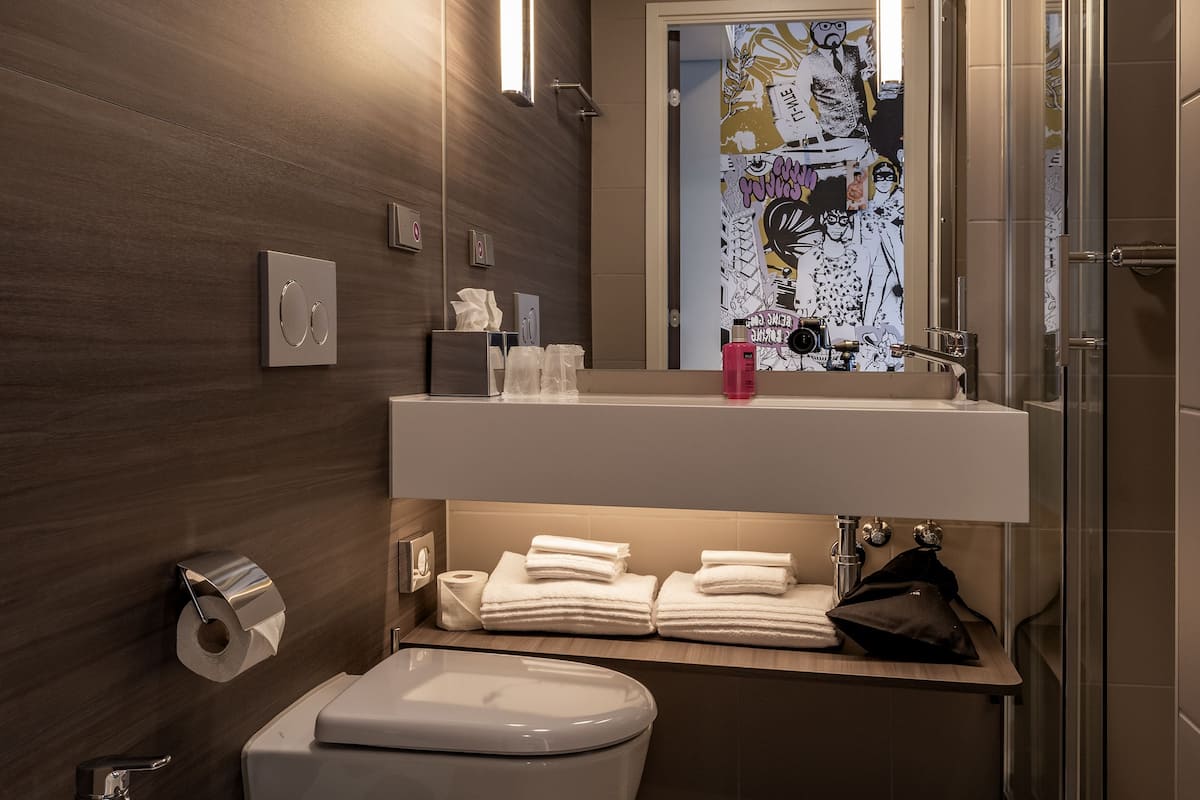 shower, free toiletries, hair dryer, towels