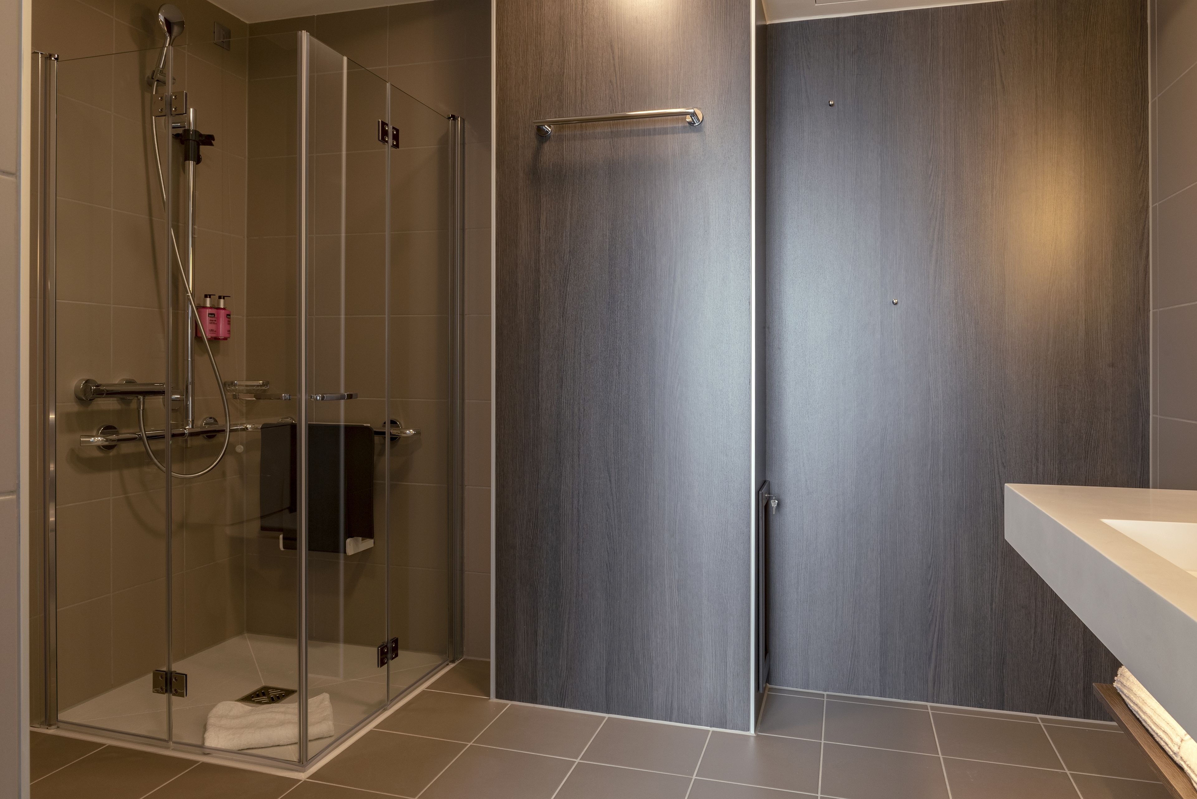 Een moderne badkamer met een douchecabine van glas, een houten deur en een witte wastafel.