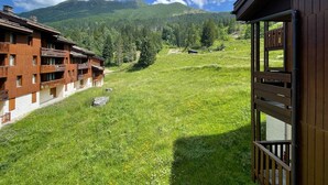 Un hotel con fachada de madera, balcones y vistas a un campo cubierto de hierba y montañas.