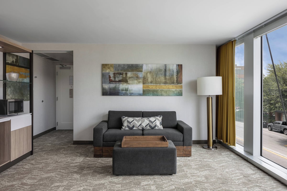 Habitación de hotel moderna con un sofá gris, una mesita de madera, un cuadro abstracto grande y vistas a la calle a través de un ventanal.