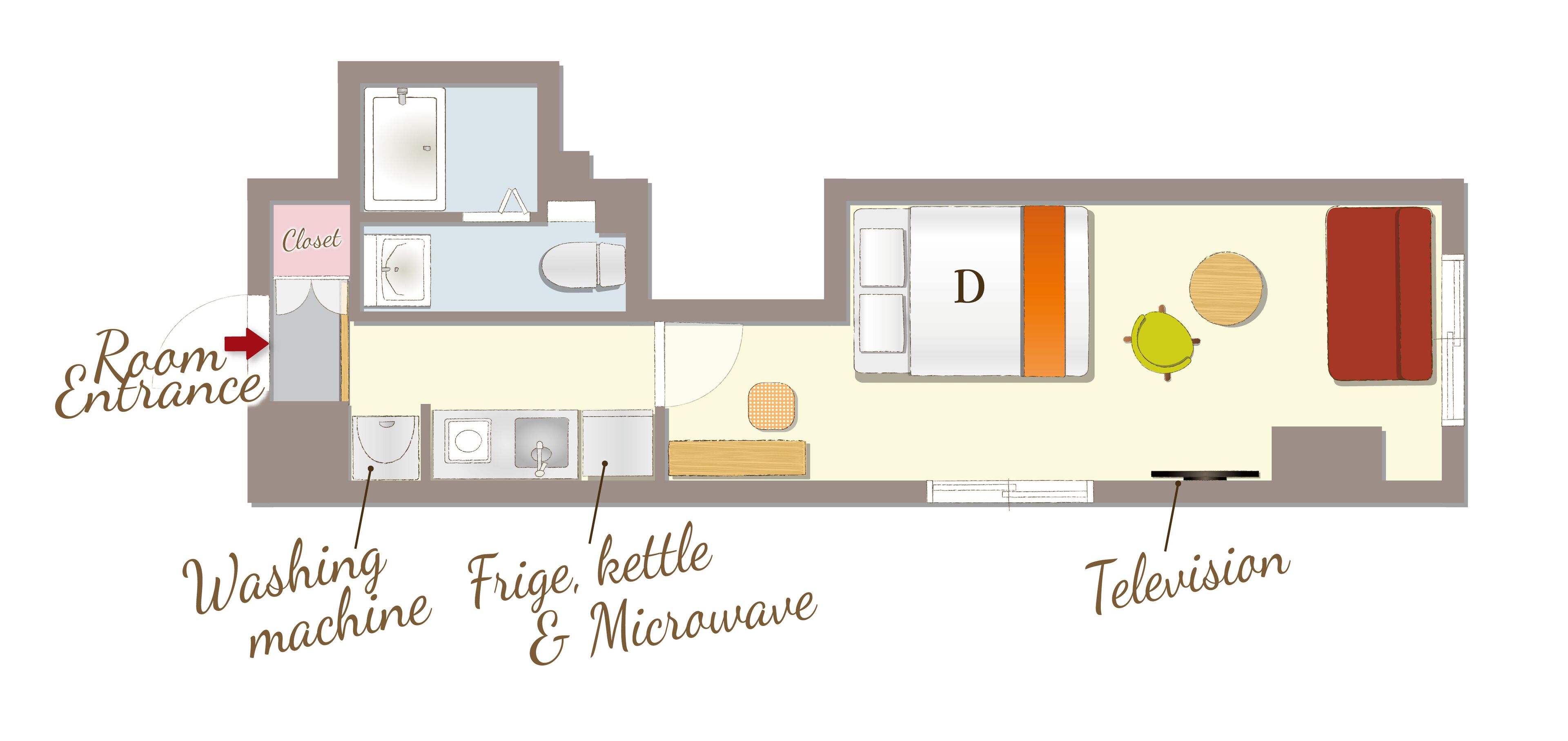 A hotel room layout with a closet, washing machine, fridge, kettle, microwave, and television.