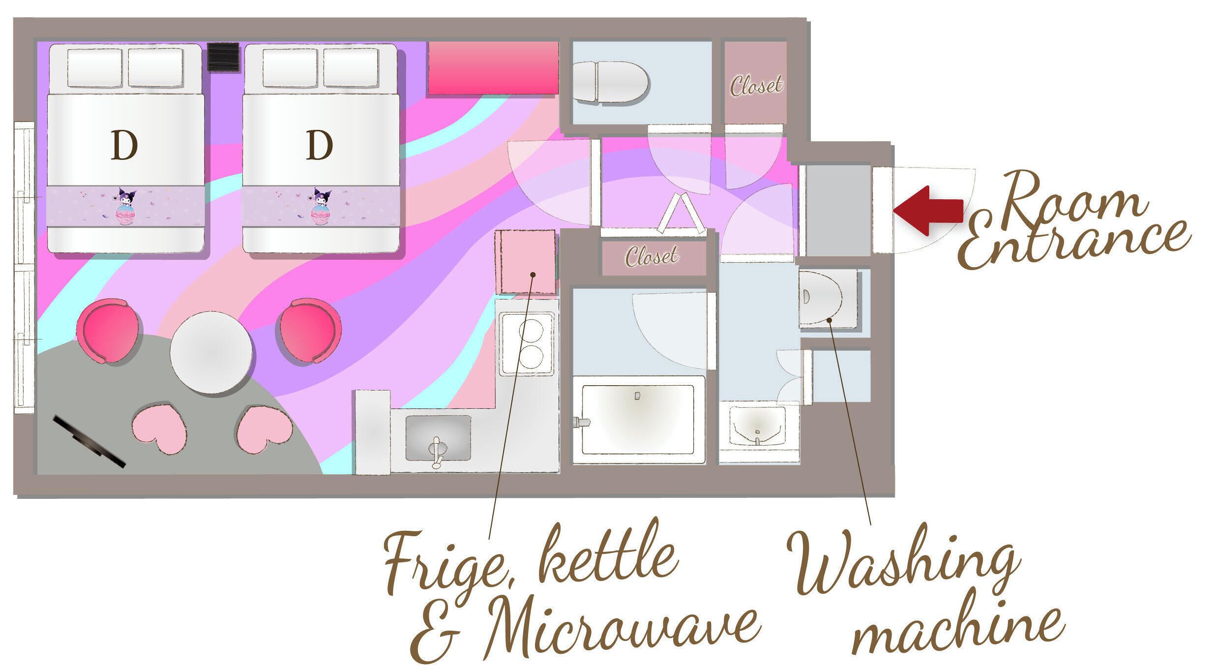 A floor plan with a room labeled 'D' containing a fridge, kettle, and microwave. There's a 'Closet' and a 'Washing machine' indicated. An arrow points to the 'Room Entrance.'
