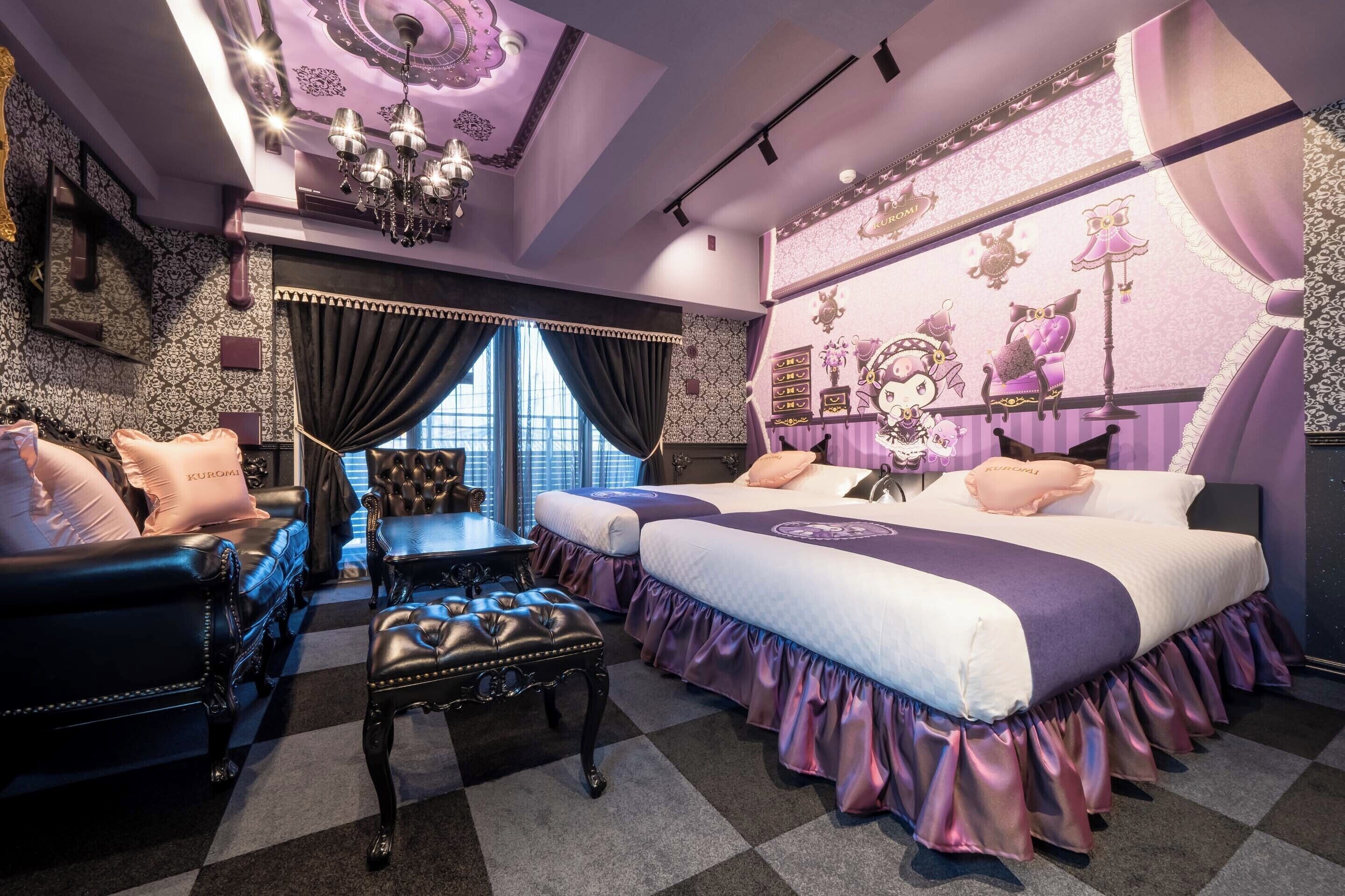A room with two beds, a chandelier, a large window with curtains, and a wall mural.