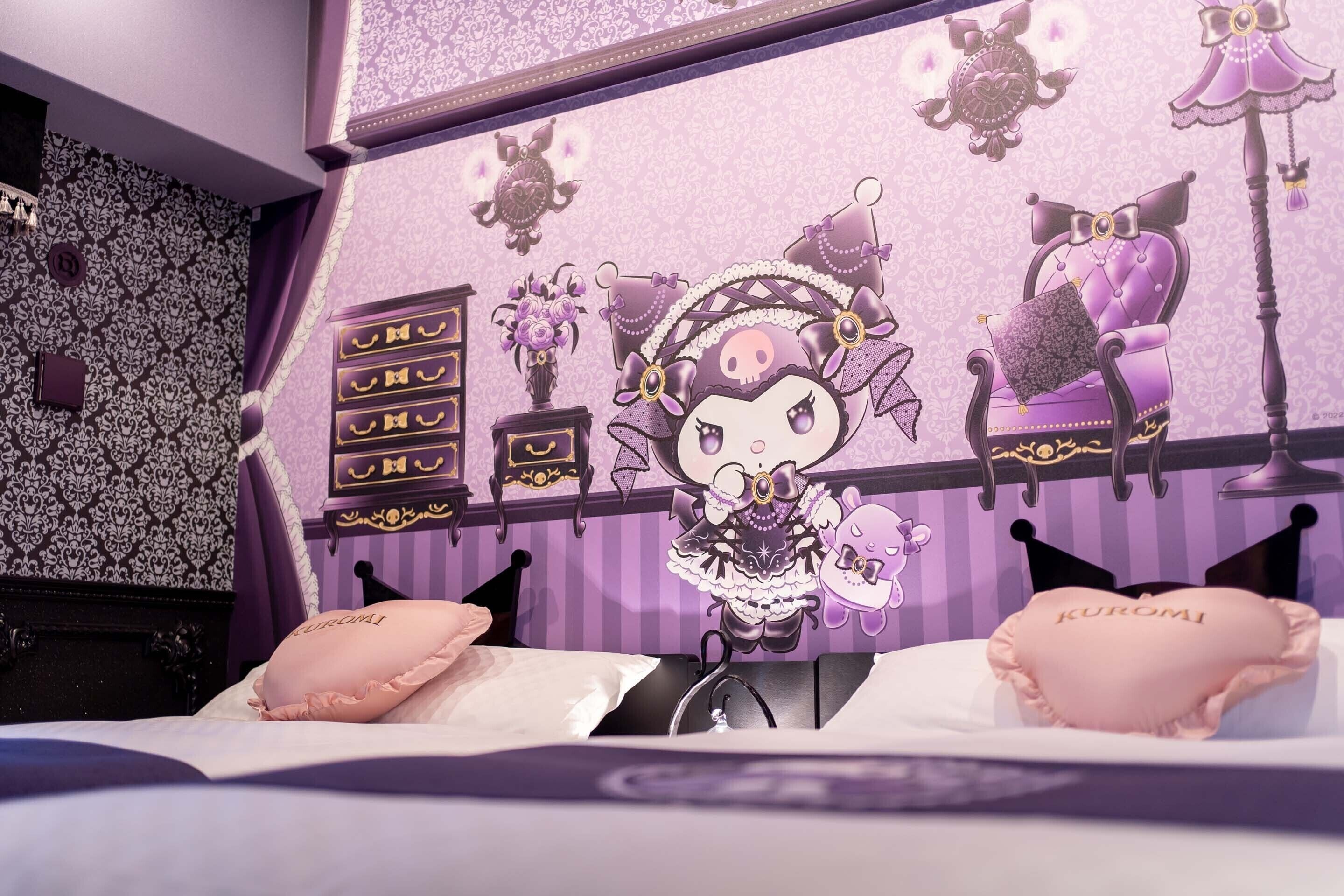 A bedroom with a purple-themed wall, a bed with pink pillows, a dresser, and a wall-mounted lamp.