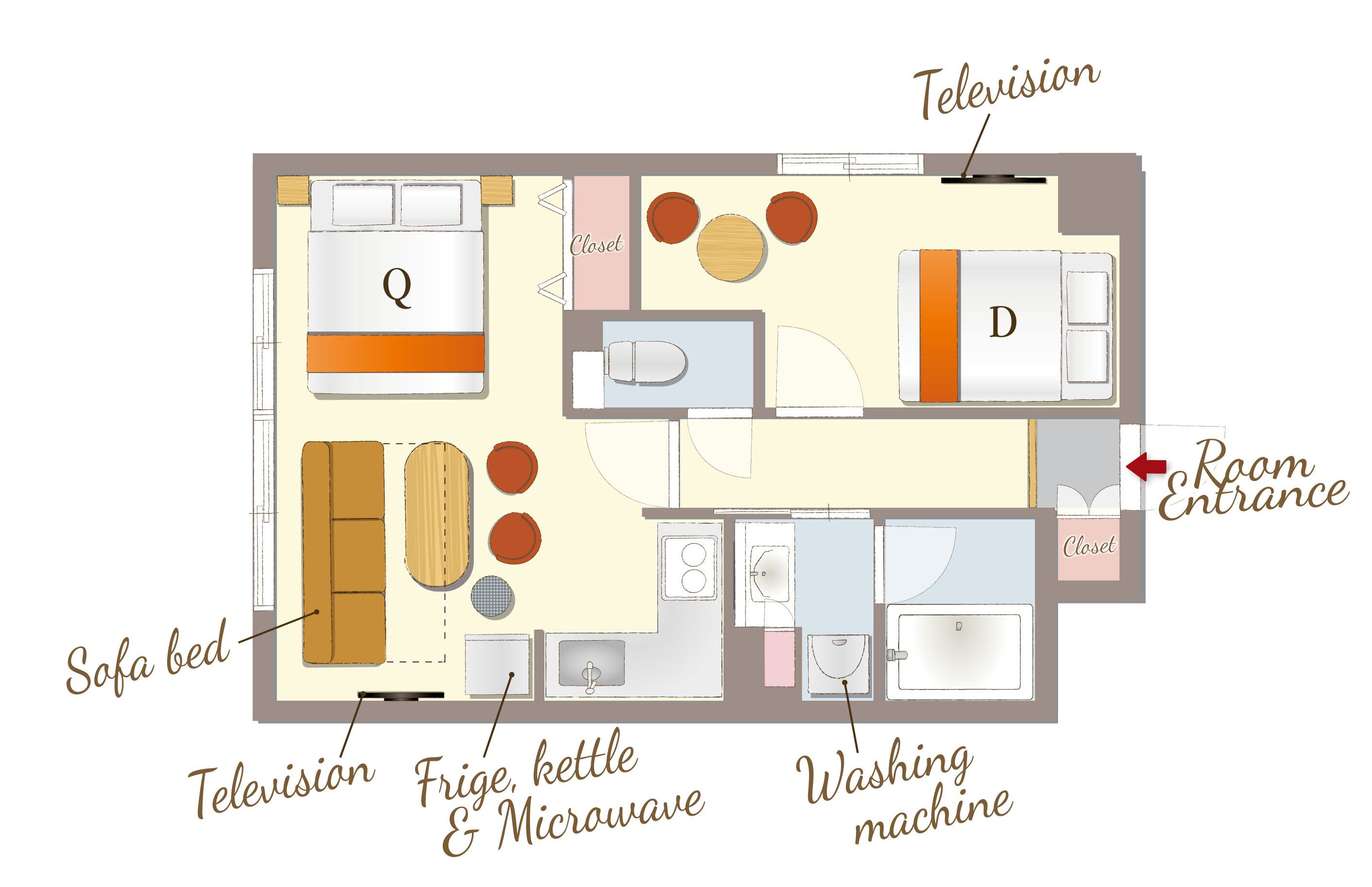 A hotel room layout with a sofa bed, television, kitchenette, and a washing machine.