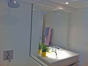 Ein modernes Badezimmer mit Duschkabine aus Glas, Waschbecken mit Spiegel und Handtuchhalter.