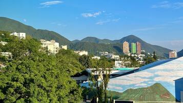 A cityscape with a mix of modern and traditional buildings, a prominent bridge, and lush green hills in the background.