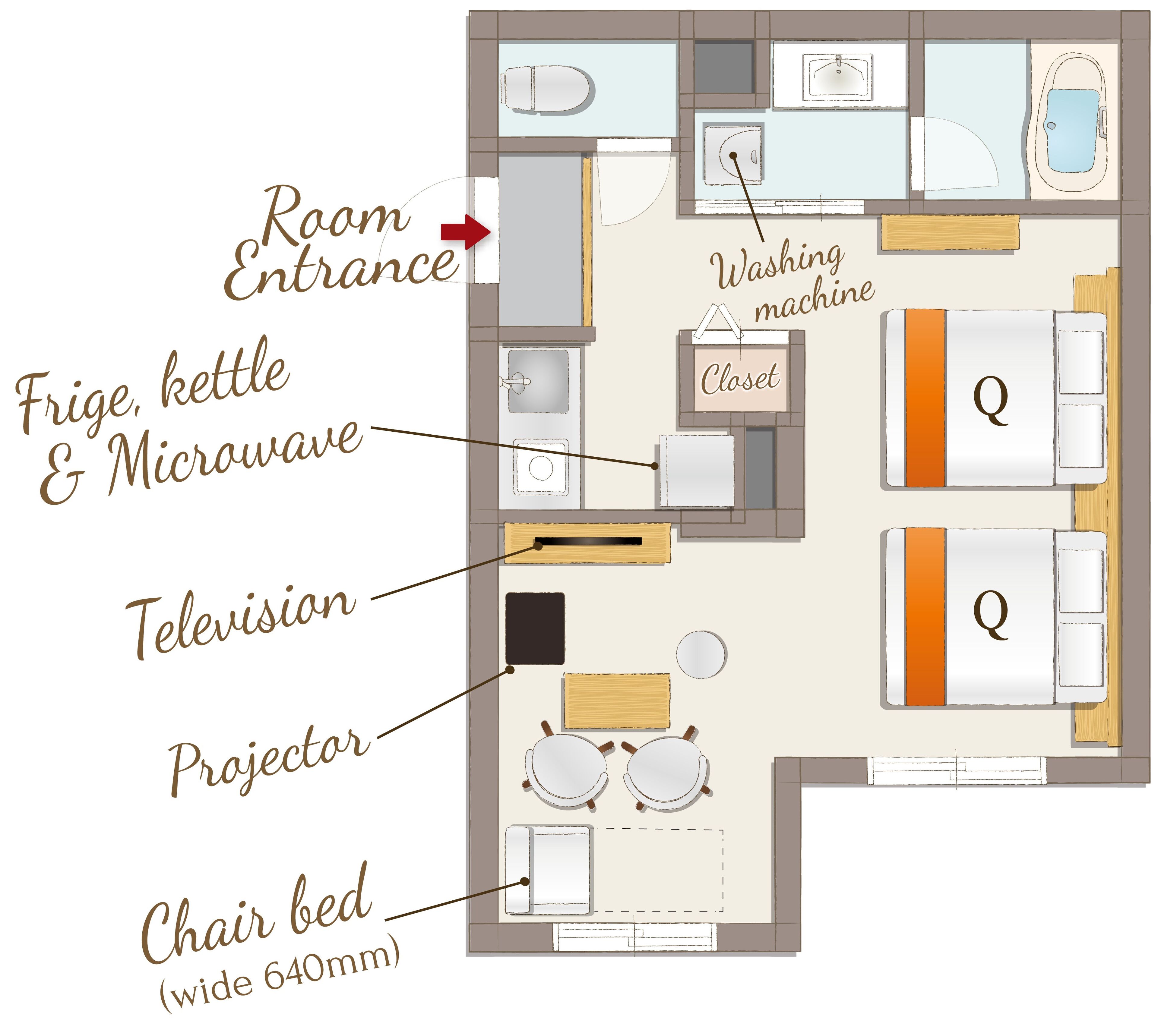 Distribución de una habitación con refrigerador, tetera, microondas, televisor, proyector y una cama tipo sillón.