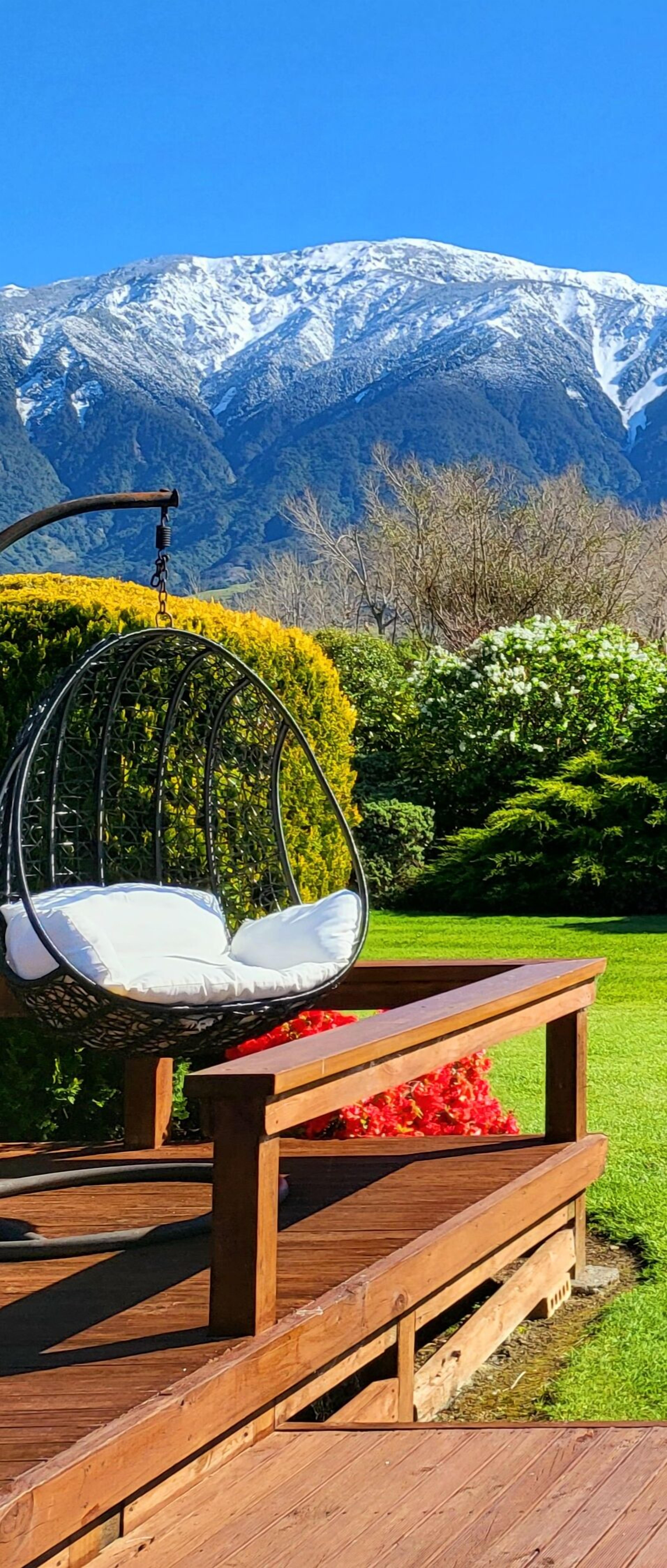 Una terraza de madera con una hamaca colgante y un banco, rodeada de exuberante follaje y montañas al fondo.