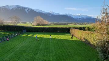 A grassy field with a hedge and a blue fence.