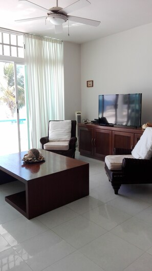 Smart TV, DVD player, books, video library