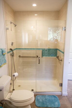 Shower, hair dryer, towels, soap
