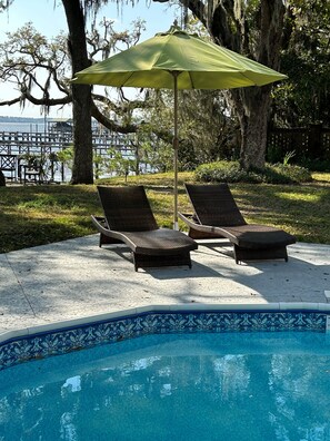 Outdoor pool, a heated pool, pool loungers - Stunning Stono River Guesthouse w/ Scenic Water Views &  Pool (Charleston)