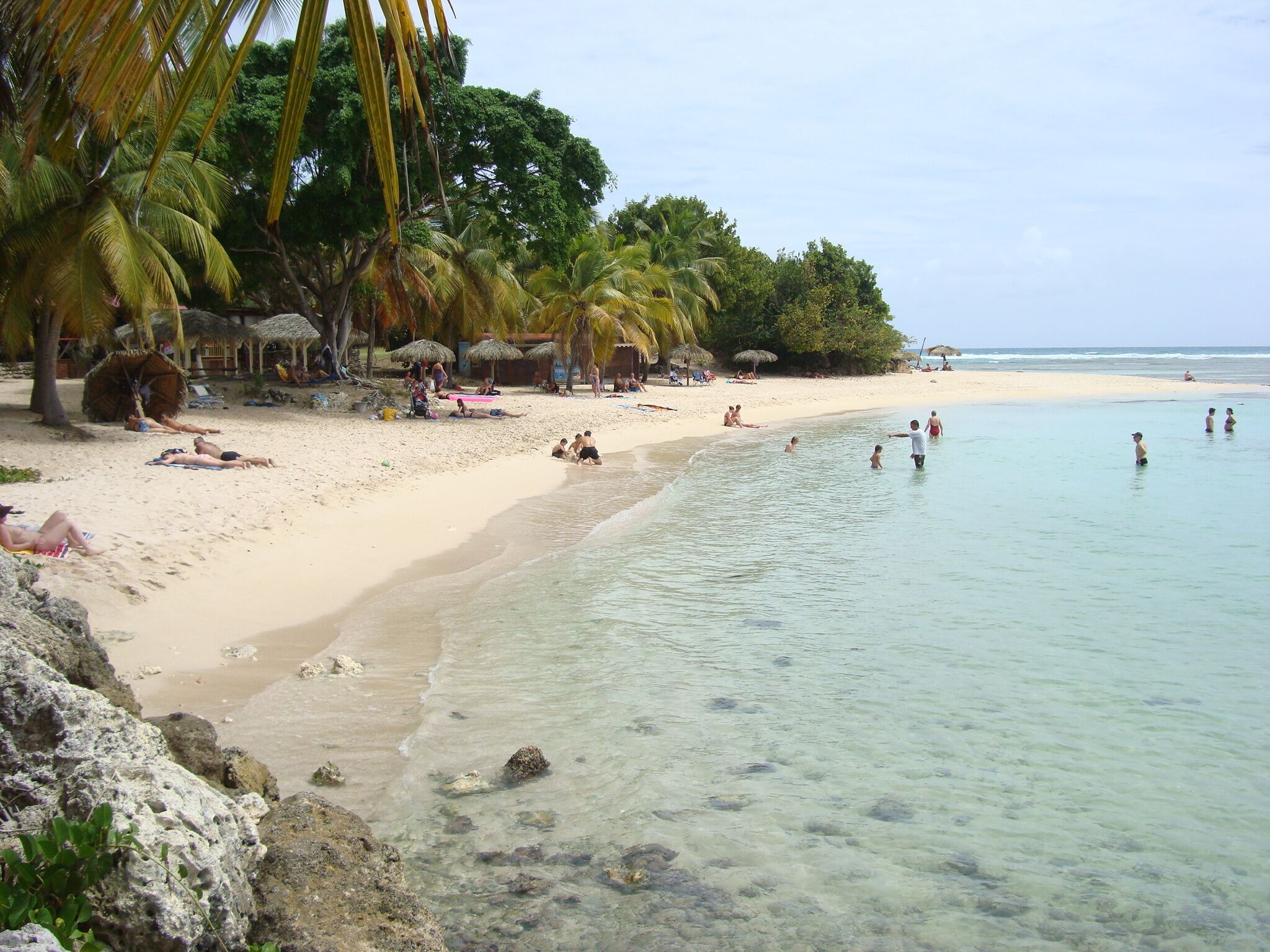 A beach with clear shallow waters, palm trees, and people sunbathing and swimming.