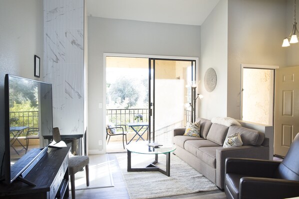 Smart TV, fireplace, ping pong, books