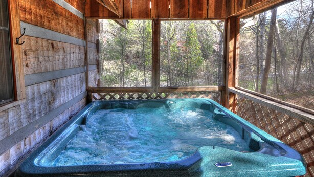 Un bain à remous dans un chalet en bois, avec vue sur les arbres à travers de grandes fenêtres.