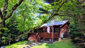 A rustic cabin with a wooden staircase leading to a porch, surrounded by lush greenery. - Nature's Harmony #10 Cabin – Your Perfect Getaway (Sevierville)