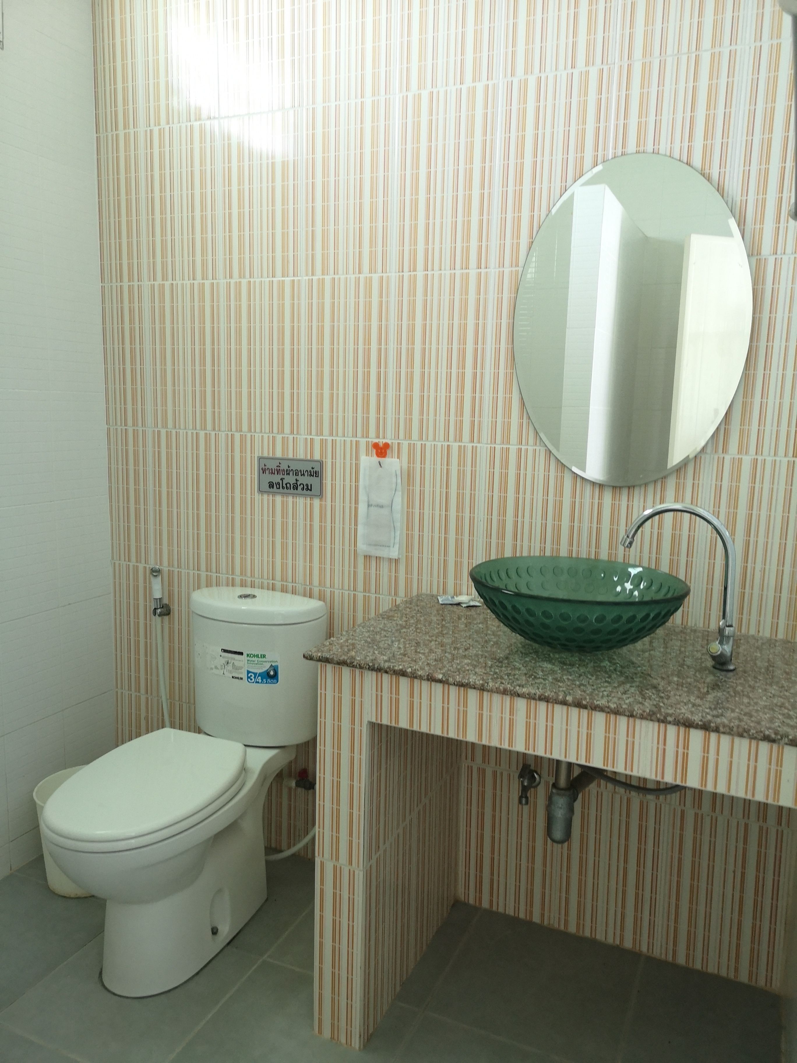 A bathroom with a striped wall, a toilet, a sink with a green basin, and a mirror.