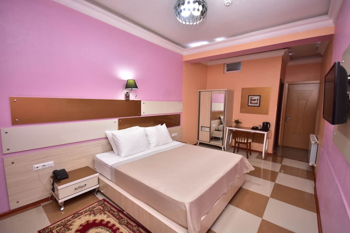 A bedroom with a bed, bedside table, lamp, desk, chair, and a mirror.