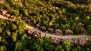An aerial view of a forested area with several wooden cabins and a winding road.