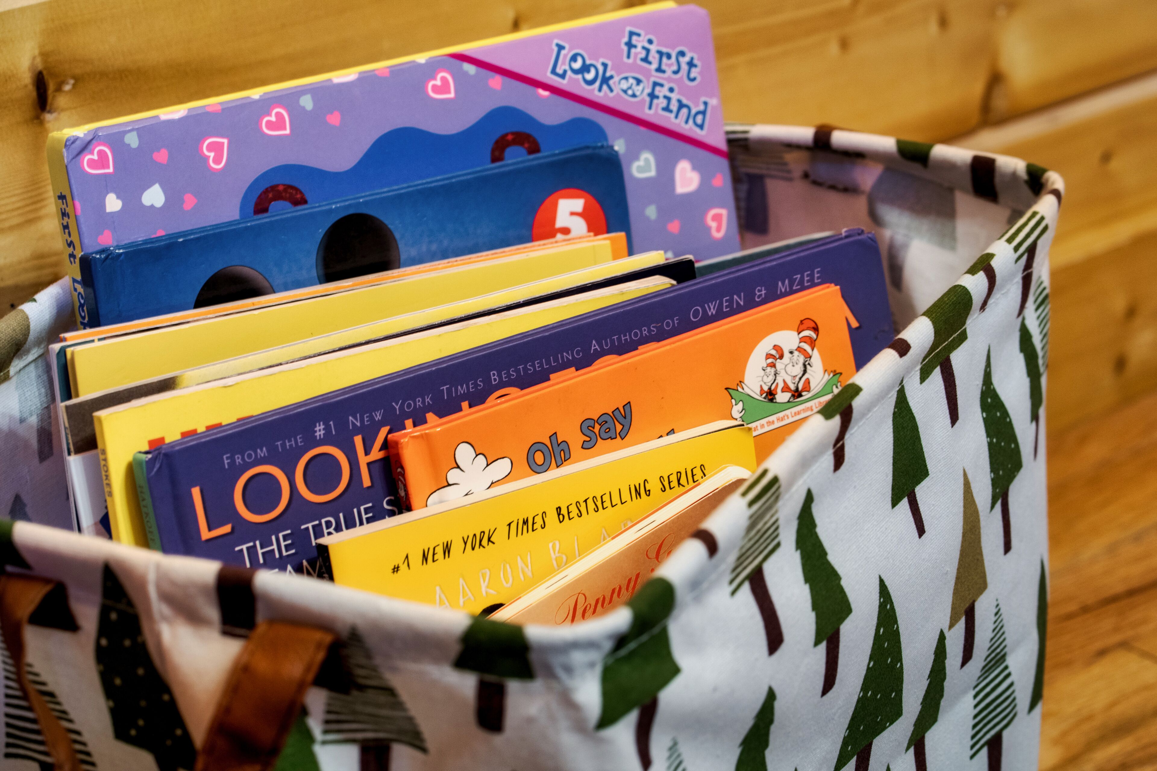 Un panier rempli de livres, dont les titres sont, par exemple, « Look » et « Oh Say ».