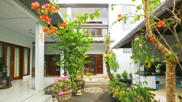 Um jardim interno amplo com plantas em vasos e um caminho central.