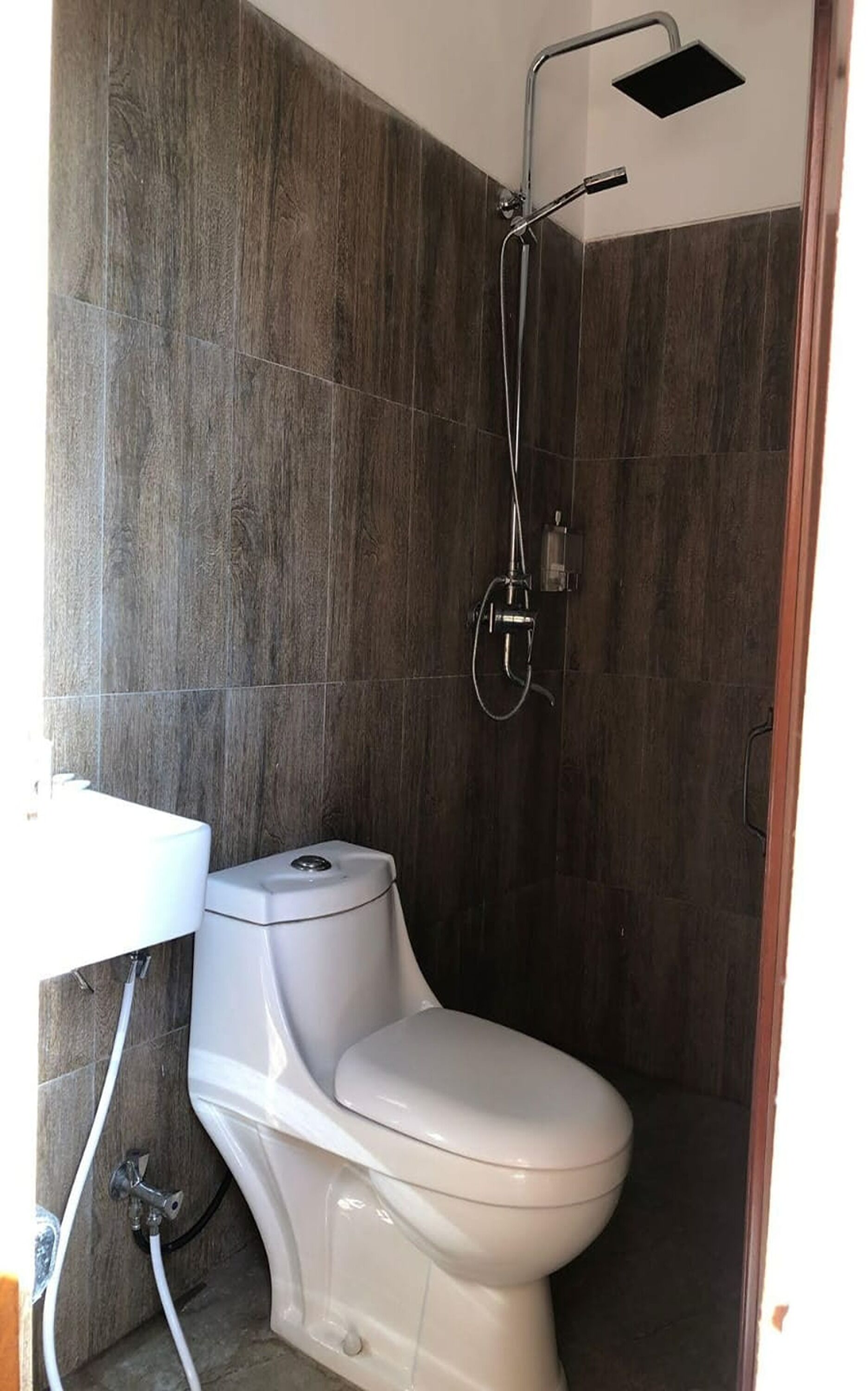 A bathroom with a toilet, a shower with a handheld showerhead, and a sink.