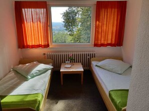 Une petite chambre avec deux lits simples, une petite table sur laquelle est posé un vase de fleurs et une fenêtre avec des rideaux.
