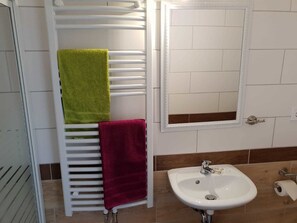 Une salle de bain avec un porte-serviettes blanc sur lequel sont posées une serviette verte et une serviette rouge, un lavabo blanc avec un miroir au-dessus, et un porte-rouleau de papier toilette sur la droite.