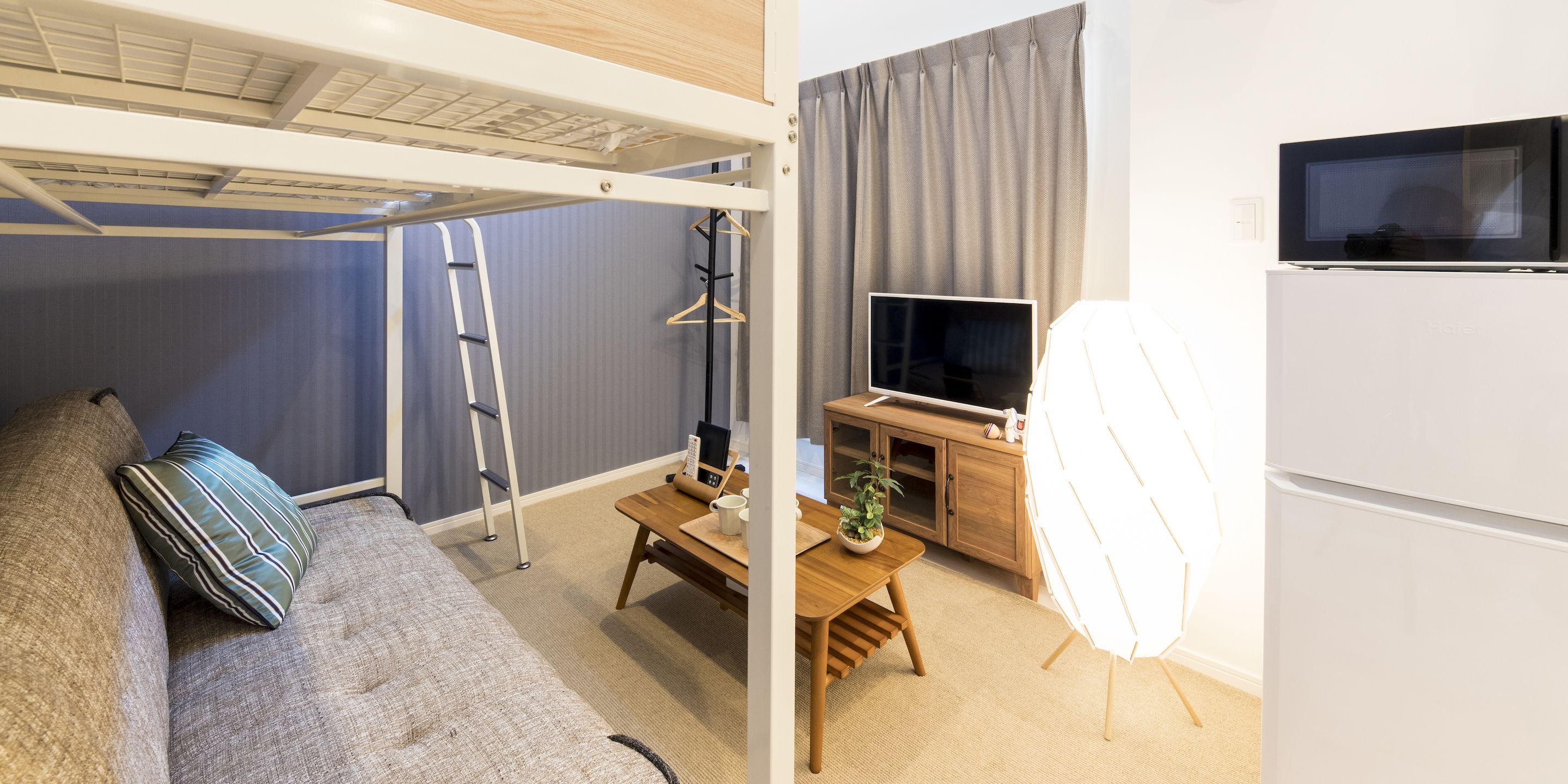A compact room with a bunk bed, a TV, a small table with a plant, and a white refrigerator.