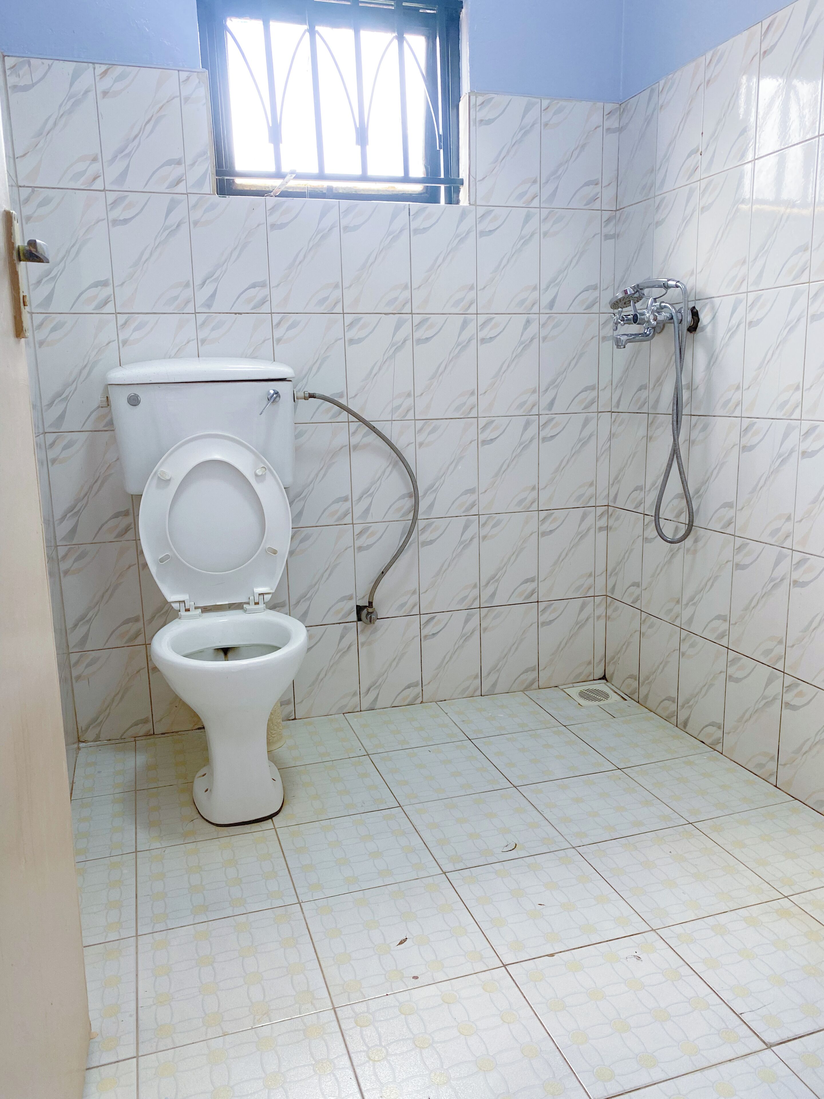 A bathroom with a toilet, a shower, and a window.
