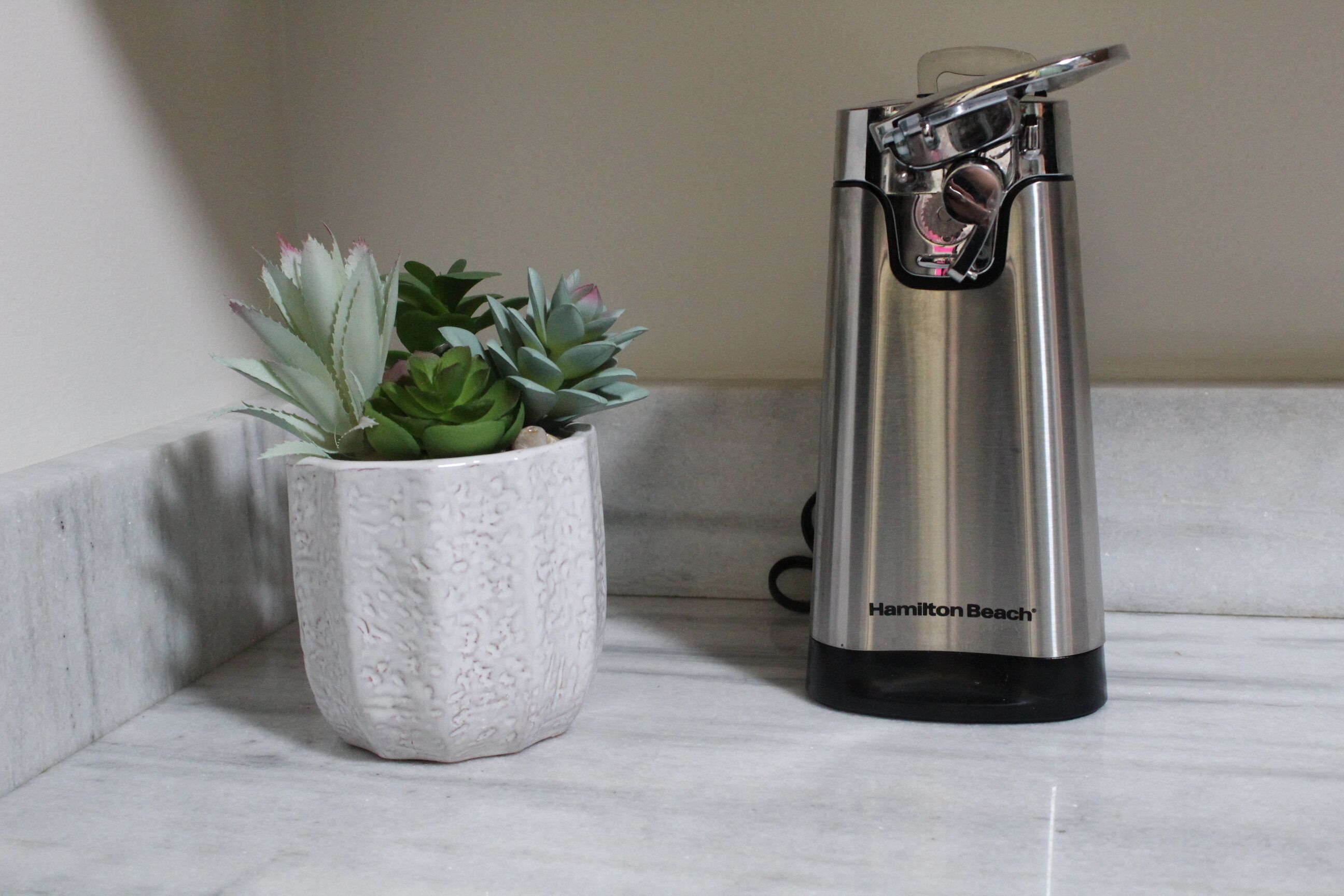 A stainless steel Hamilton Beach kettle and a textured white pot with a succulent plant on a marble surface.
