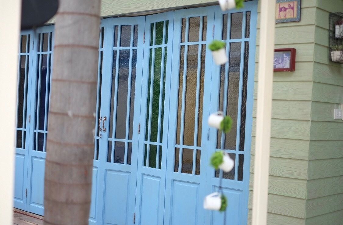 Una puerta azul con varios paneles de vidrio, una pared verde con cuadros enmarcados y una planta colgando en la pared.