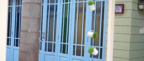 Una puerta azul con varios paneles de vidrio, una pared verde con cuadros enmarcados y una planta colgando en la pared.