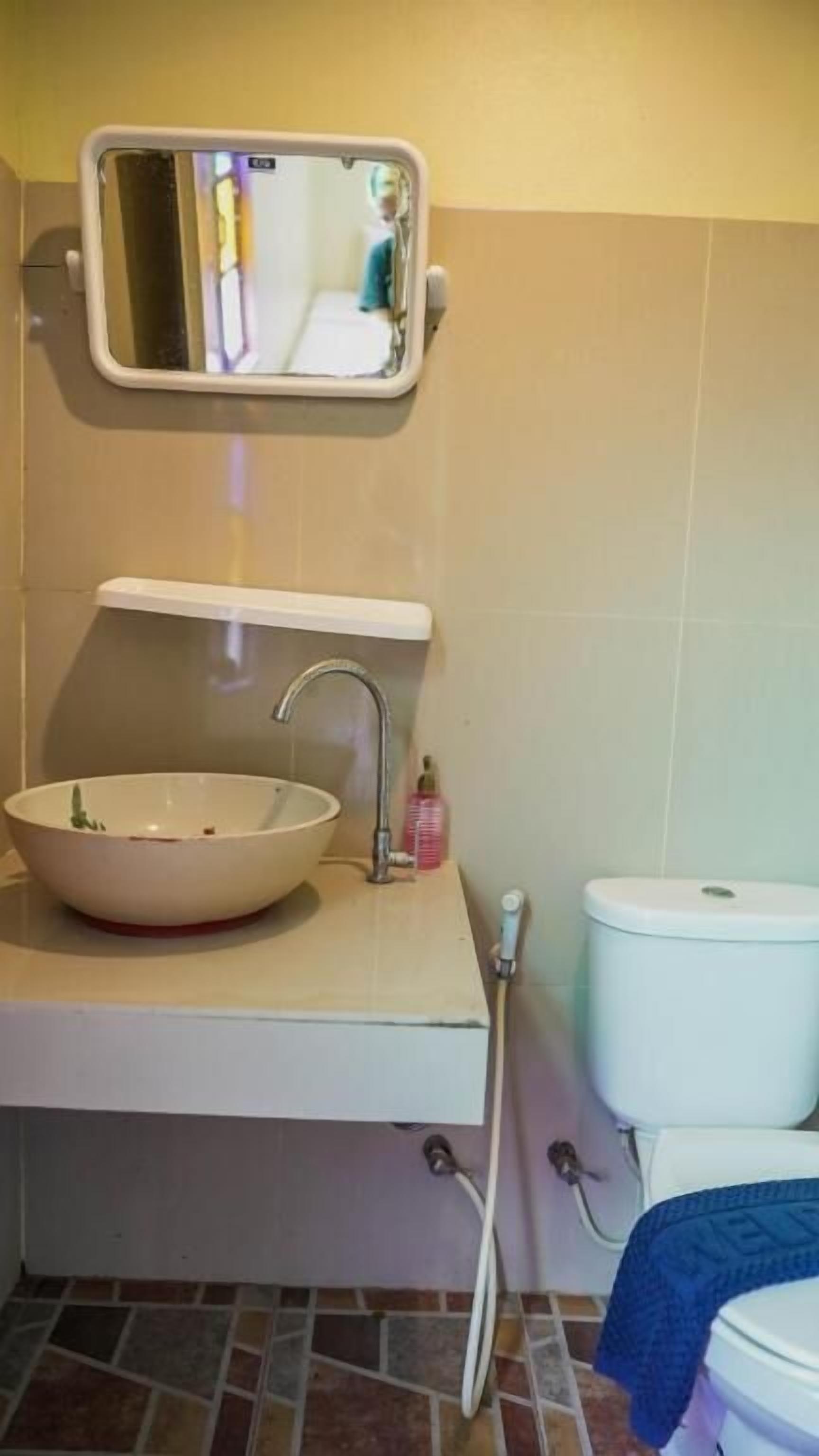 A bathroom with a white sink, a mirror, a toilet, and a shower.