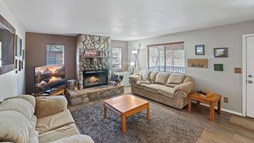 Älytelevisio, takka, DVD-soitin, kirjoja