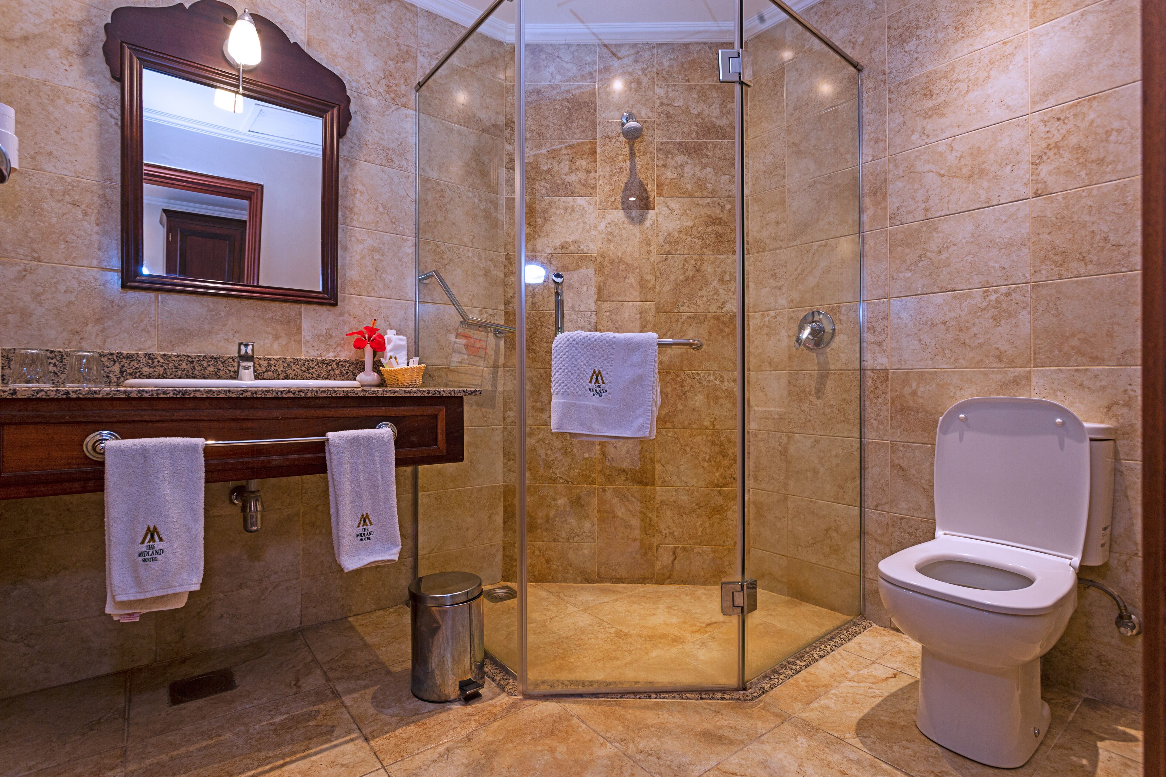 A bathroom with a glass-enclosed shower, a toilet, and a sink with a mirror above it.