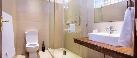 A modern bathroom with a glass-enclosed shower, a white toilet, and a marble countertop sink.