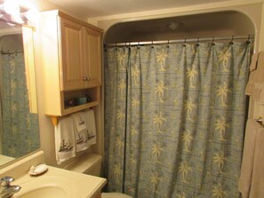 Combined shower/tub, hair dryer, towels