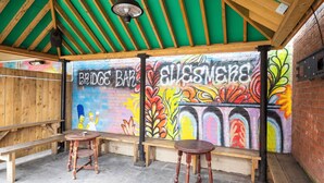 An outdoor seating area with wooden benches and tables, a colorful mural on the wall, and a green ceiling. - Ellesmere Hotel (Ellesmere)