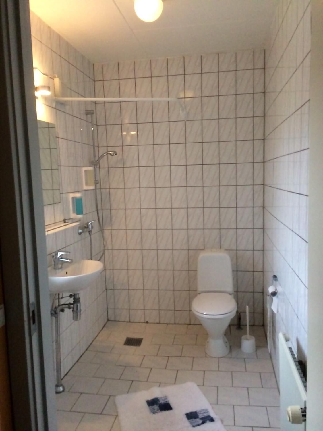 Un baño pequeño con azulejos, un inodoro, lavamanos y ducha.