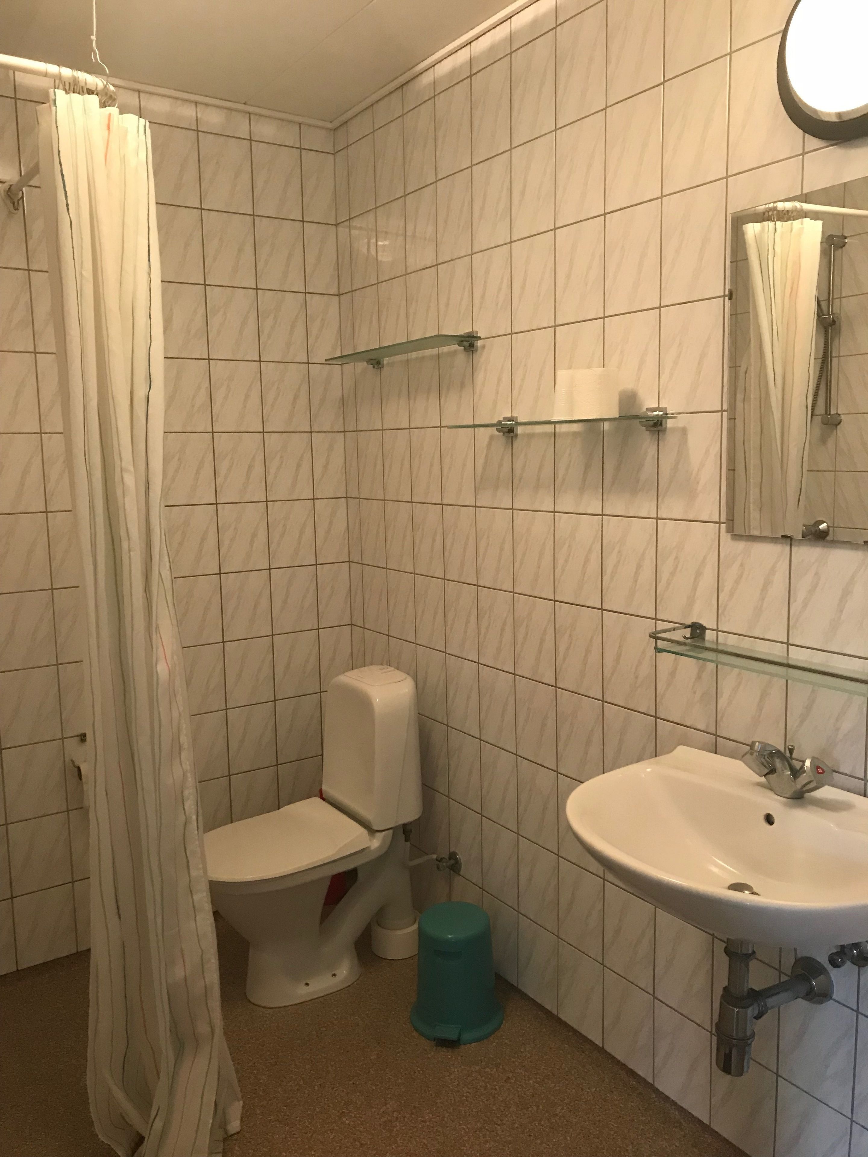 Un bagno con il water, un lavandino e una tenda per la doccia.